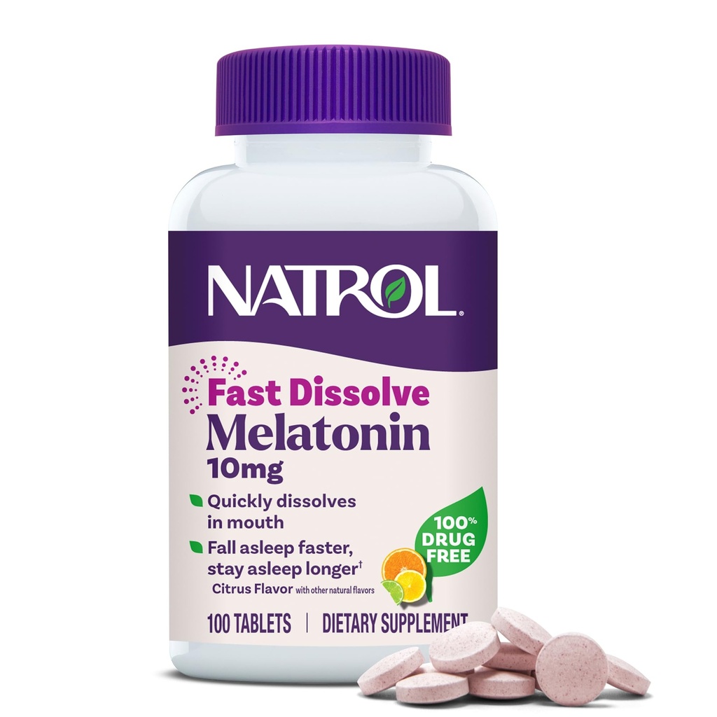 Natrol Szybkie rozpuszczenie Melatonina 10 mg, Melatonina Suplementy do niespokojnego snu, Wsparcie snu dla dorosłych, 100 Citrus-aromat tabletki, Aż do 100 Day Supply