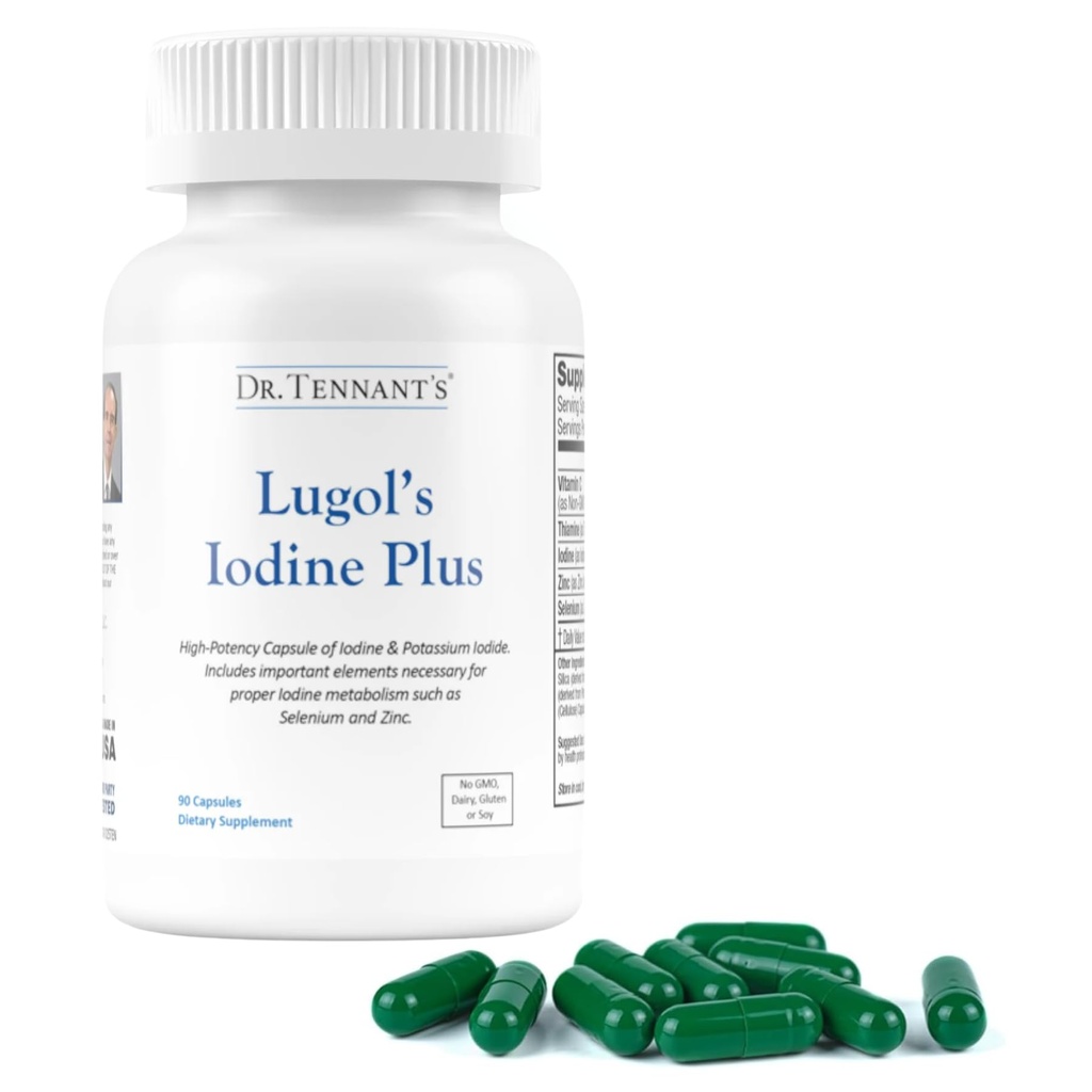 Suplement jodowy Dr. Tennant Plus dodatki 124; Jodowy i potasowy jodek lugolu z zasadniczymi współczynnikami Selenium, Cynk & Kwas Fulvic 124; Wspiera zdrowie tarczycy i piersi 124; 90 Kapsułki