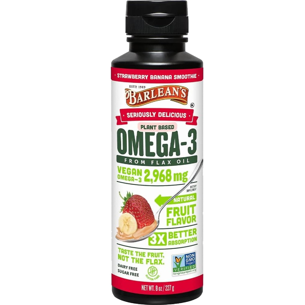 Barlean's Strawberry Banana Flaxseed Oil Liquid, Vegan Omega 3 6 9 Supplements for Kids & Adults from Cold Pressed Flax Seed Oil with 2,968 mg of Vegan Omegas, Non-GMO & Gluten Free, 8 oz