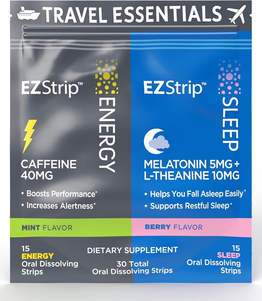 Travel Pack z suplementami energetycznymi i sennymi - 30 Count - Przenośne opakowanie z paskami kofeiny dla energii i melatoniny dla wsparcia snu podczas podróży - Made in USA, Sugar & Gluten Free