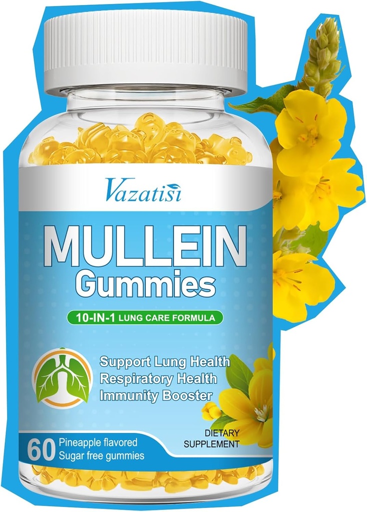 10 w 1 Mullein Gummies for Lungs, Mullein Leaf Extract with Bromelain, Quercetin, Magnez - Wsparcie Lung Cleanse dla zdrowego oddychania, 60ct