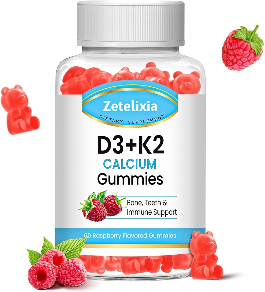 Witamina wolna od cukrów D3 K2 Gumie, Witamina D3 2000 j. m., K2 (MK7) 120mcg, Wapń 600 mg z Witaminą D3, Wsparcie B0ne & Immune Health, Wegan, Gluten Free, Malina Flavor, 60 Count