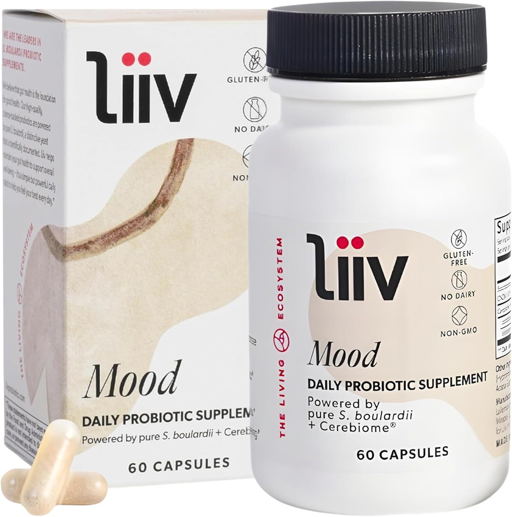 LiiV Mood Supplement Supplement - 8 Billion CFU Men & Women Probiotic - Daily Mood & Digestive Supplement - Whole Body Wellness, Powered by Saccharomyces boulardii & Cerebiome (60 Caps)