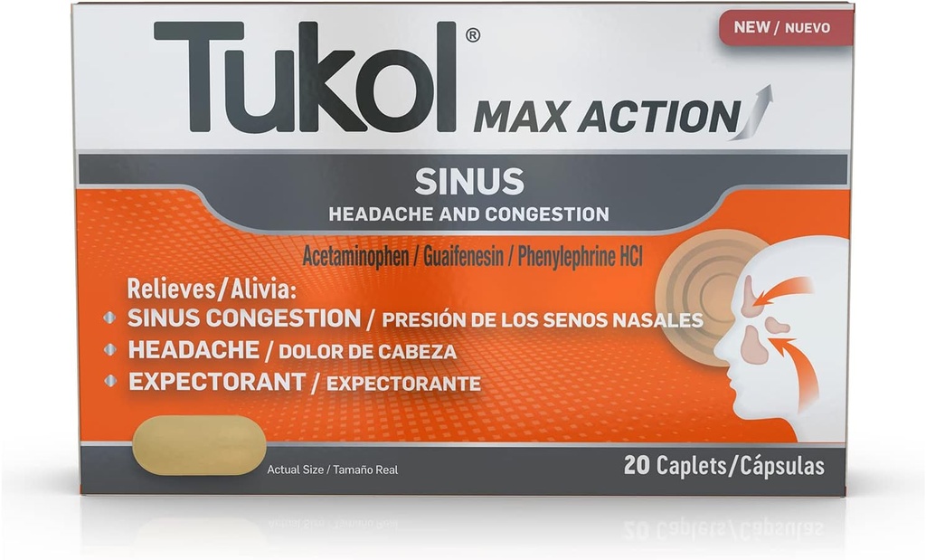TUKOL Max działania Sinus, Zatory i Kapsułki ciśnieniowe na ból, Ból głowy Relief, Expectorant, Non-Drowsy, 20 Count