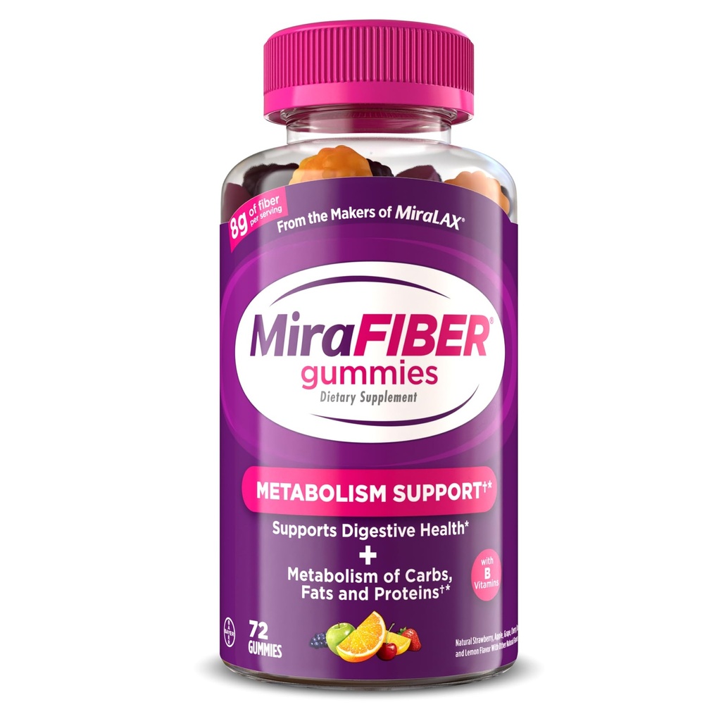 MiraFIBER Gummies z Makers of MiraLAX, 8g Daily Fiber Per Serving, Metabolic Support with B Vitamins, Gut Health for Men & Women, Prebiotic Fiber Gummies for Adult, Mieszany aromat owoców 72Ct
