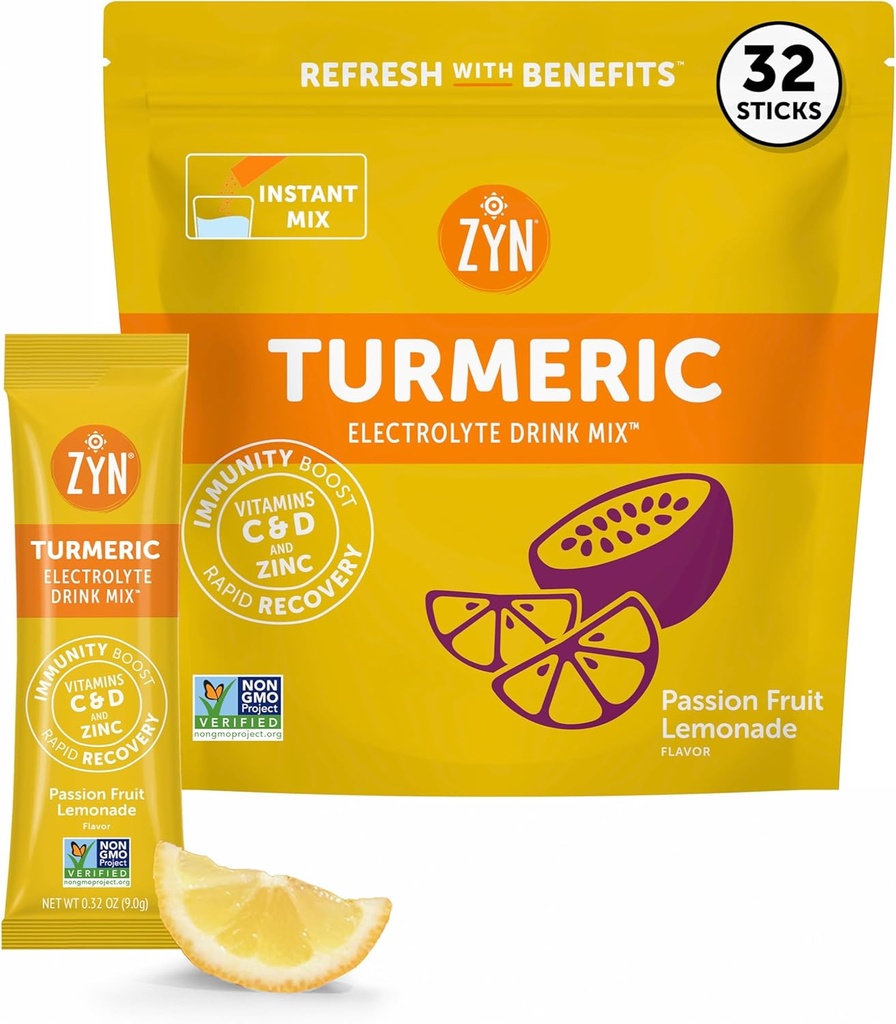ZYN Electrolyte Drink Mix Hydration Packets, Passion Fruit Electrolytes Powder, Hydration Pakiety w / Kurkumina turmerowa, Witamina C & D, Cynk, Hydrate & Recover Electrolyte Powder, Opakowanie po 32