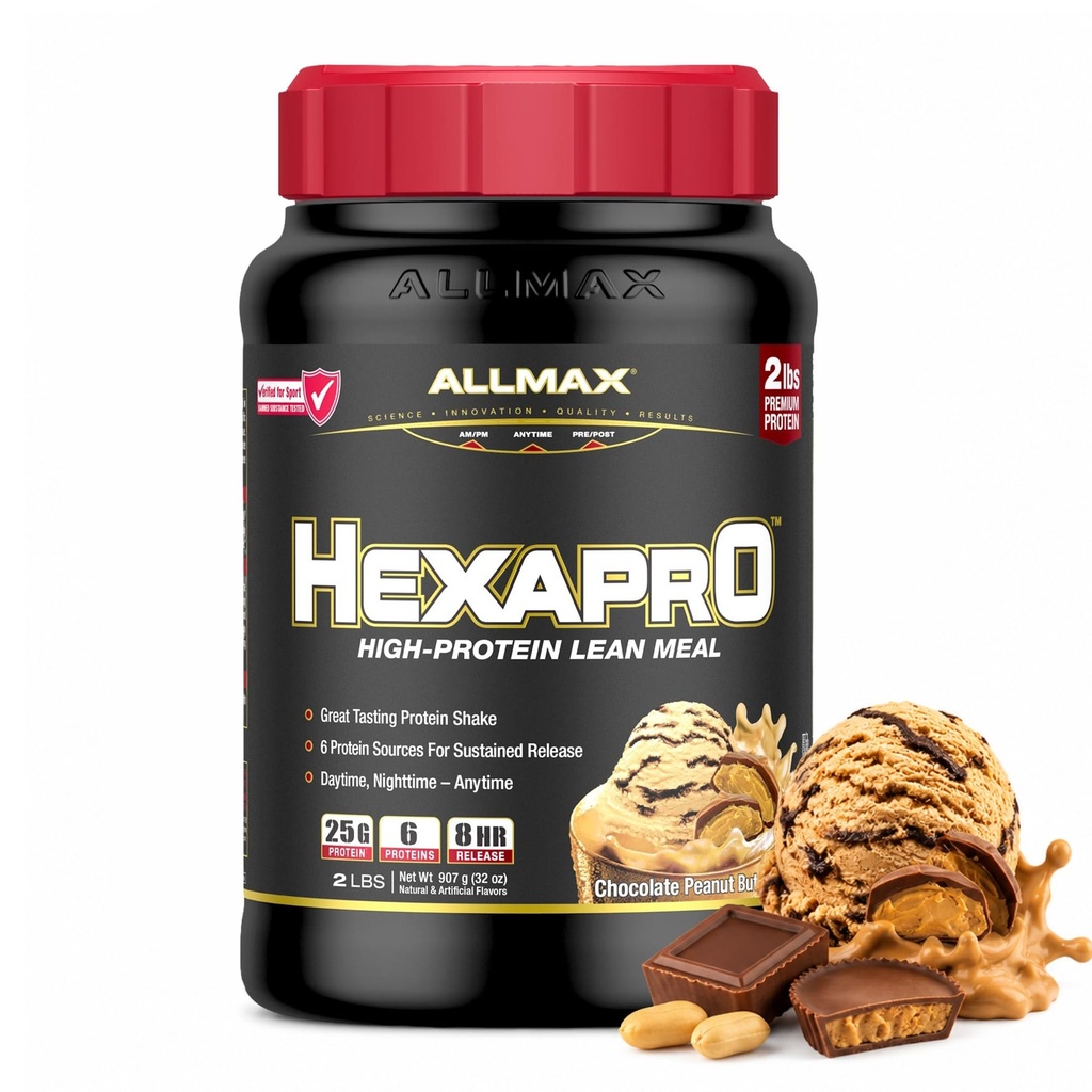 ALLMAX HEXAPRO, Czekoladowe masło orzechowe - 2 lb - 25 gramów białka na serwowanie - 8-godzinne Trwałe uwolnienie - Zero cukru - 21 Słupki