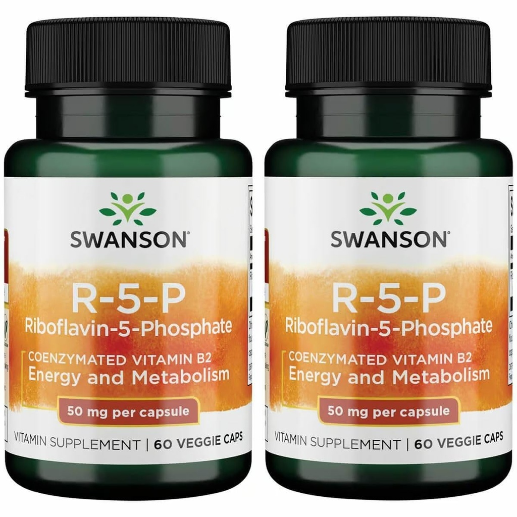 Swanson R- 5- P (Riboflavanin - 5- Fosforan) - Suplement witaminy B2 Promowanie energii, Metabolizm i Wizja Zdrowie - Naturalna formuła Wellness - (60 kapsułek) (2 opakowania)