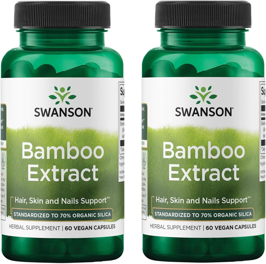 Ekstrakt z bambusa Swanson - Natural Hair, Skin and Nails Supplement - 70% Silica Content Support Collagen Formation & Bone Growth - (60 Kapsułek wegetariańskich, 300 mg każdy) (2 opakowania)