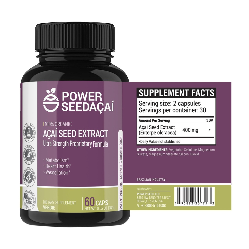 Power Seed Acai - Azoksyd Nitric Booster. Wspiera przepływ krwi, poziom cukru we krwi, funkcje metaboliczne i energia. Super silny przeciwutleniacz. Bez kawy. Opatentowana formuła 124; 60 Kapsułki