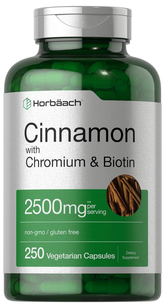 Horbäach Cynamon z chromowym pikolinatem 2500mg 124; 250 Kapsułek 124; Plus Biotin 124; Wegetarianin, Non-GMO, Gluten Free