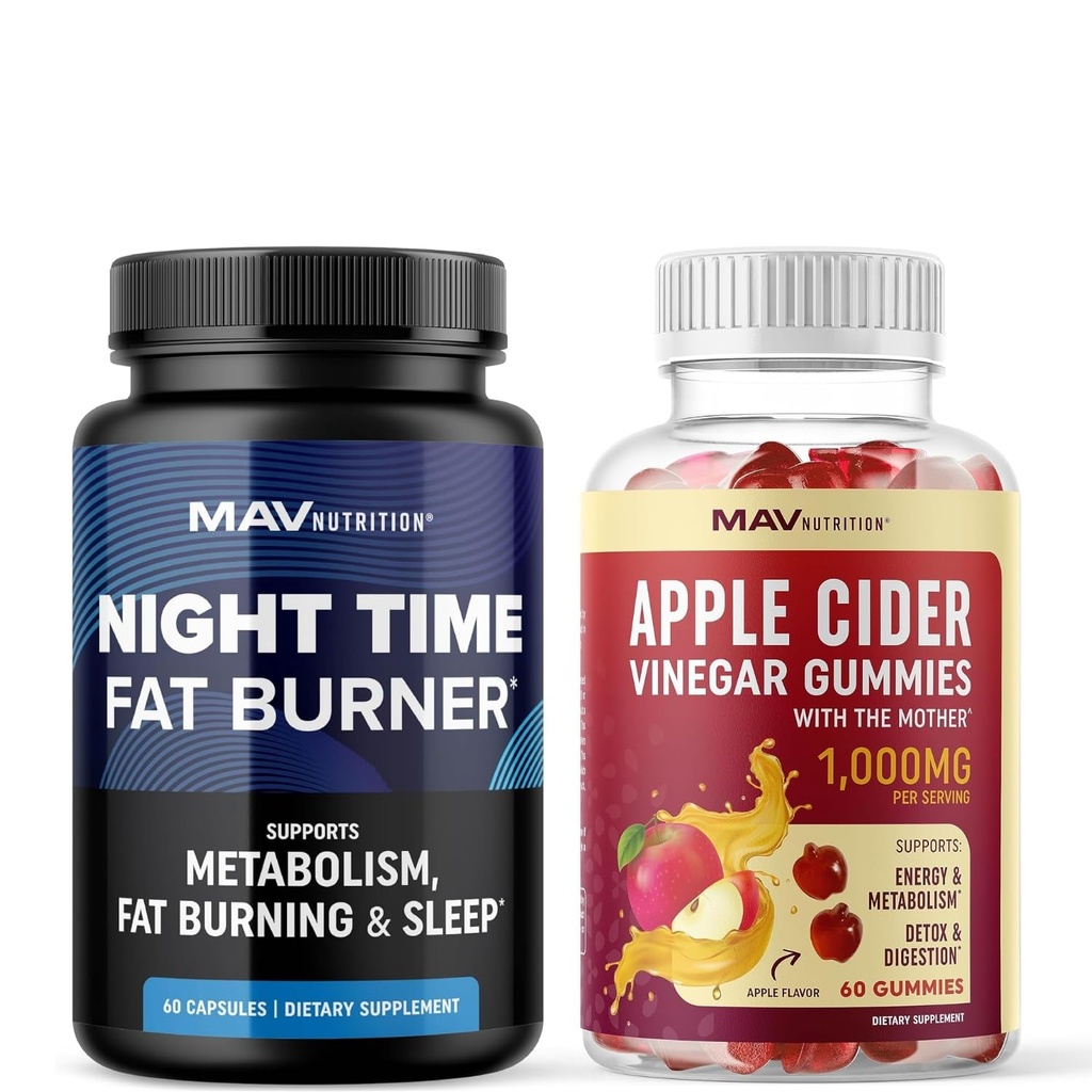 MAV NUTRITION Night Time Fat Burner Kapsułki i Jabłko Cydr Gummies Vinegar 124; Nocny booster metabolizmu dla wsparcia stomach tłuszczu Burning z Melatonin & ACV 124; 1 Dostawa miesiąc