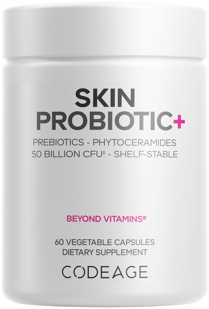 Codeage Probiotyki skóry + Prebiotyki - Suplement do pielęgnacji skóry - 50 Miliard CFU - Ayurvedic Zioła botaniczne - Probiotyki twarzy - Półka Stabilny Czyszczenie, Non-GMO, Wegan - 60 Kapsułki