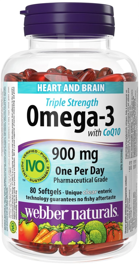 Webber Naturals Triple Strength Omega-3 z CoQ10 eteric coal 900 mg Omega-3 (EPA • DHA) / 100 mg CoQ10, 80caps