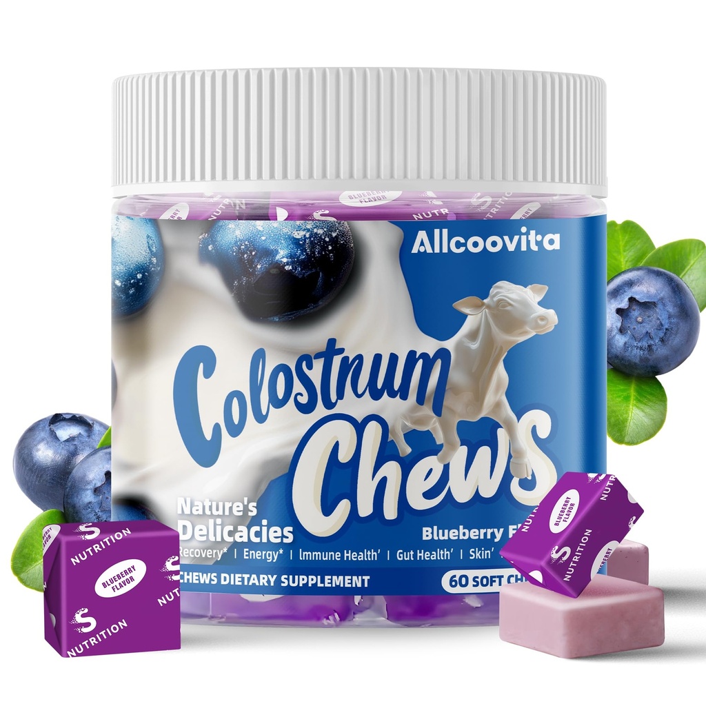 Allcoovita Bovine Colostrum Chews Supplement with probiotics for Gut Health, Bloating, Immune Support, Skin, Hair Growth and Beauty - Blueberry Flavor (60 Servings)