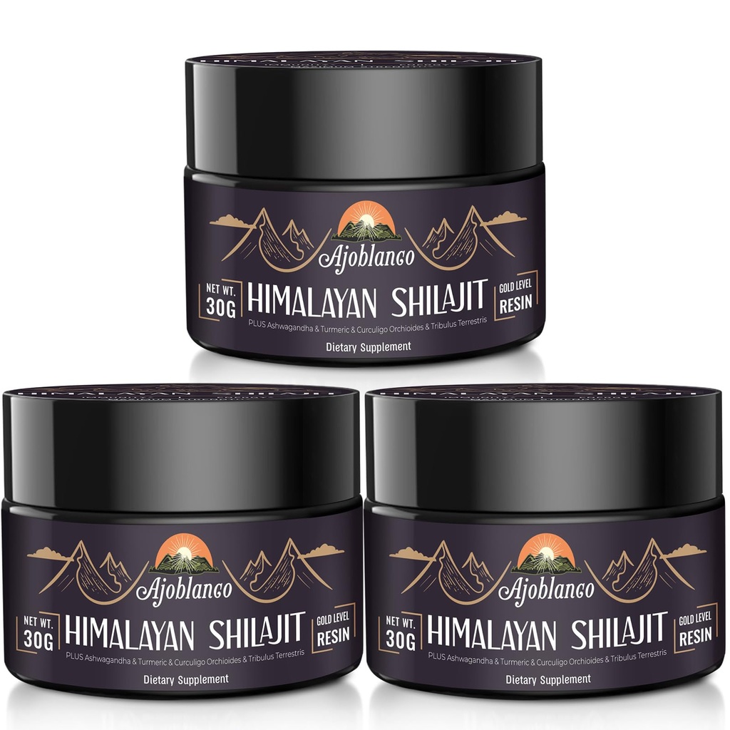 Ajoblanco 600mg Natural Himalayan Organic Shilajit Resin - Himalayan Gold Shilajit Resin with Organic Ayurvedic Blend in High Potency for Energy, Siła i odporność, Opakowanie 3