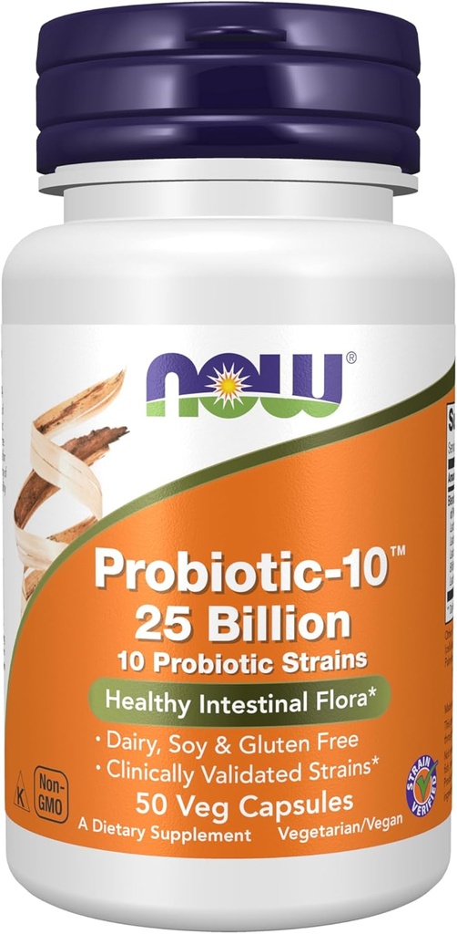 Teraz żywności Suplementy, Probiotyka-10 ™, 25 Miliard, z 10 Probiotyczne cieśniny, Dairy, Soi i gluten Free, Szczepy zweryfikowane, 50 Kapsułki Veg