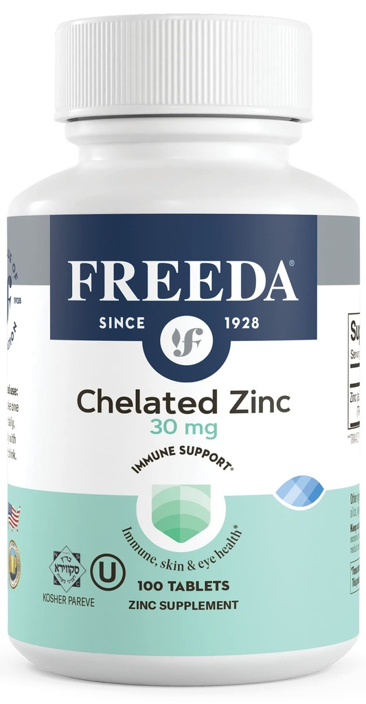 Freeda Chelated Cynk 30 mg - Bisglicynian cynku do wysokiej absorpcji - Wegan, Kosher, Delikatność na żołądku - Wsparcie immunologiczne dla dorosłych, Mężczyźni i Kobiety - 100 małych tabletek