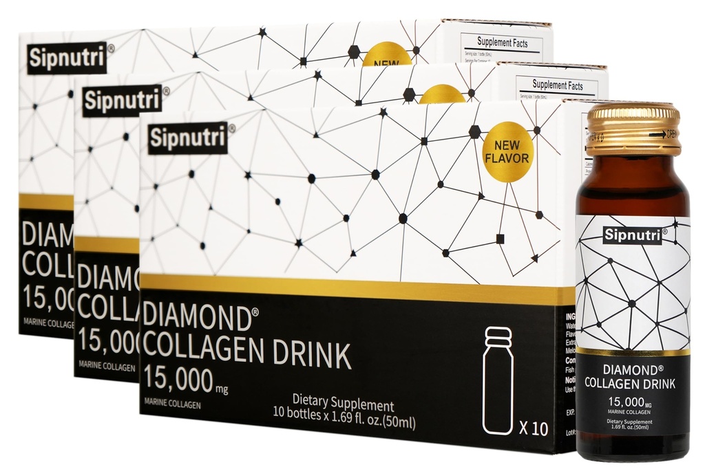 Drink z płynem diamentowym, 15000 mg Zhydrolizowany Kolagen morski Peptydy z witaminą C, Granat, Zdrowe włosy skóry paznokci Łączenie kości Wsparcie, 50 ml x 10 butelek (3 Pudełka)