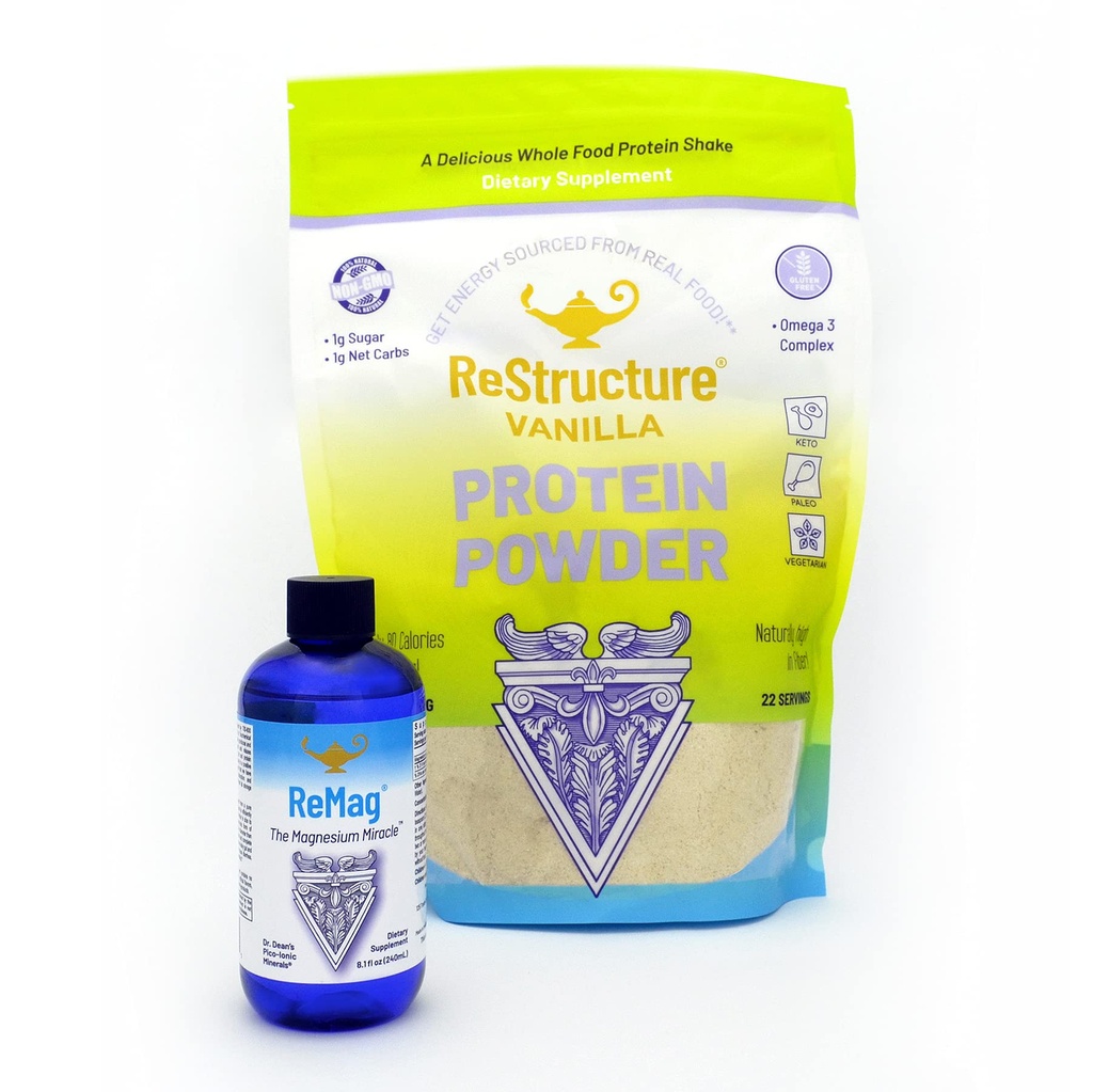 RnA ReSet Performance Bundle - ReMag Liquid Magnez 8.1oz & Restructure Vanilla Whey Protein 594g, Muscle Recovery & Fitness Support (2 EFLAS)