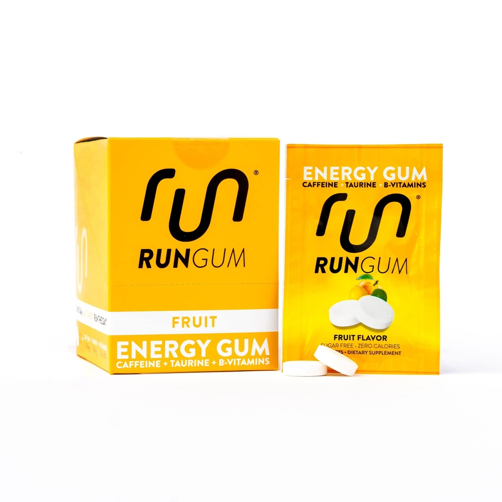 Run GUM Fruit Energy Żucie Gum 50mg Kofeina Tauryna & B- Witaminy na kawałek, 24 Kawałki (Opakowanie 12) Cukier wolny, Zero Calorie, Brak Aspartam i Gluten wolny