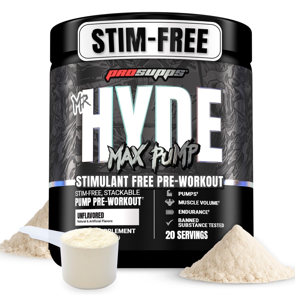 PROSUPPS Mr. Hyde Max Pomp Pre Workout Powder - Wolna stymulacja Wspiera przepływ krwi, głośność mięśni i wytrzymałość - Bezkafeinowy siłownia tlenku azotu i suplementy fitness (Unflavored, 20 Servings)