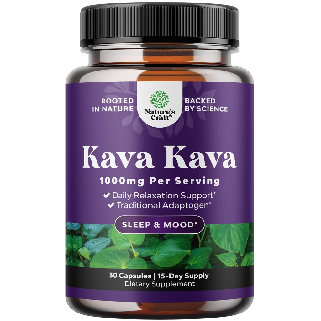 Kava Kava Root Extract Supplement 1000mg - Szybkie działanie Herbal Support z Kavalactones dla Balanced Mood - Relax Calming Capsules for Stress Support & Better Sleep - 15 Servings