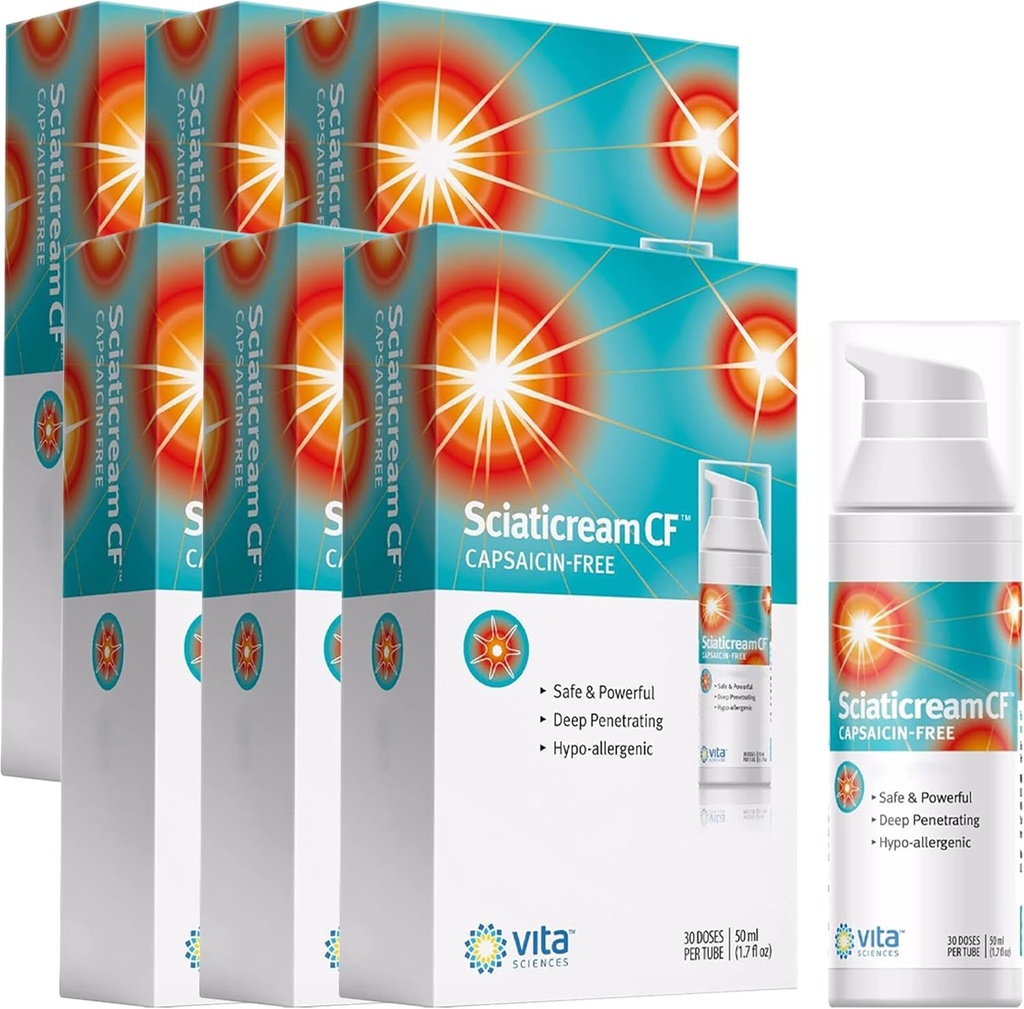 Vita Sciaticream CF: Szybki krem kokosowy dla Sciatic Nerve z Arnica, B1, B5, B6, MSM, Aloe i Base oleju kokosowego. Szybkie działanie formuła kojąca - opakowanie z 6