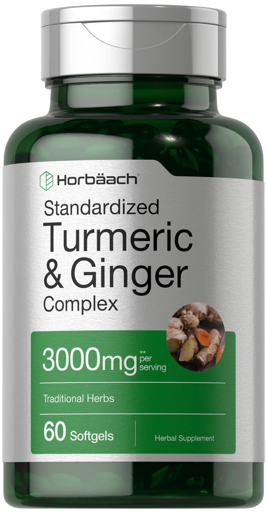 Horbäach Turmeric and Ginger Supplement 3000 mg British 124; 60 Softgel Capsules British 124; Turmeric Curcumin Complex with Black Pepper Extract British 124; Non- GMO, Gluten Free