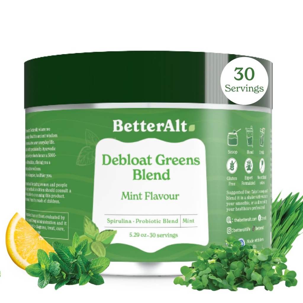 Better Alt Zielony proszek, Detox & Debloat z 15 Super Zielone Mieszanka Spirulina, Moringa Proszek, Wheatgrass, Pre & Probiotyki, Pakowane z przeciwutleniaczami, Miętowy Flavor, Nie Maltodekstryna, 30 Służenia