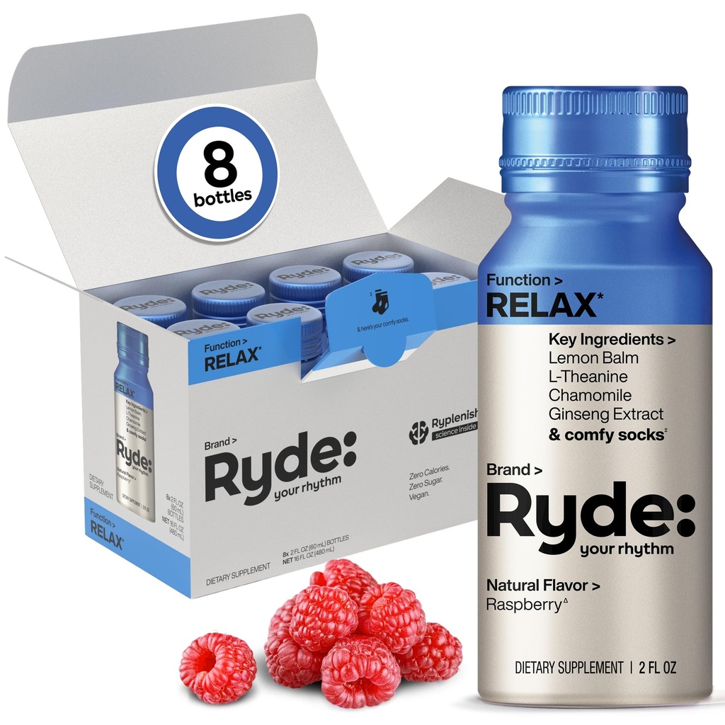 Ryde: Relax Shot Nether124; Malina Flavor Nether124; Lemon Balm, L- Theanine, Ginseng & Rumomile Nether124; 0 Calories, 0 Sugar Nether124; 2 FL OZ Shots Nether124; Helps You Relax * (8 Pack)