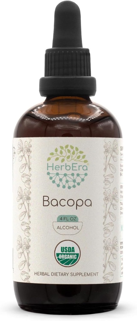 HerbEra Bacopa A120 USDA Organiczne nalewki 124; Ekstrakt alkoholowy, Wysokiej Potliwości Krople ziołowe, Relaksacja, Pozytywny efekt kognitywny 124; Certified Organic Bacopa (Bacopa Monnieri) Suszony Herb (4 fl oz)