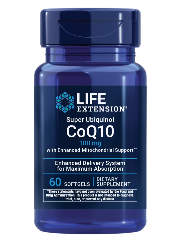 Life Extension Super Ubiquinol CoQ10 z ulepszonym Mitochondrial Support, Pothent Heart Health & Cellular Energy Production Support, Ultra- absorbable, Gluten- Free, Non-GMO, 100 mg, 60 softgels