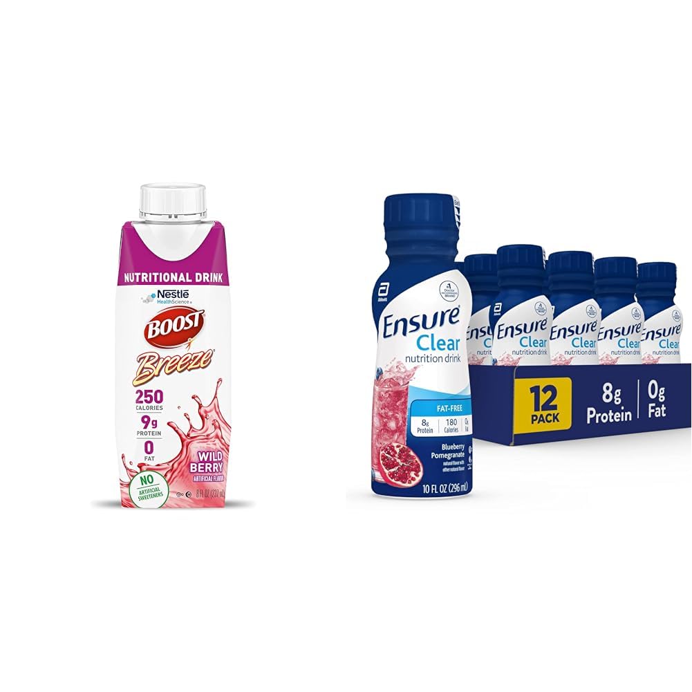 BOOST Breeze Clear Nutritional Drink, 9g protein, 250 Nutricent- bogaty kaloryczny, Wild Berry, 8 fl oz & Upewnij się, płynny Clear Nutrition Drink, 0g tłuszczu, 8g białka, Pomegranat jagodowy, 10 Fl Oz