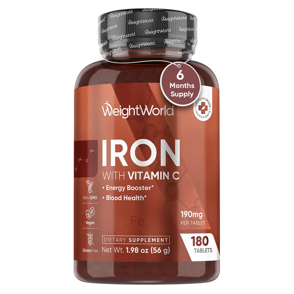 WeightWorld Iron Supplement 65mg - z witaminą C 125mg - 180 tabletek wegańskich (6 miesięcy dostaw) - Delikatny suplement żelaza karbonylu dla kobiet i mężczyzn - Energy Booster & Heath - Non-GMO & Gluten- Free
