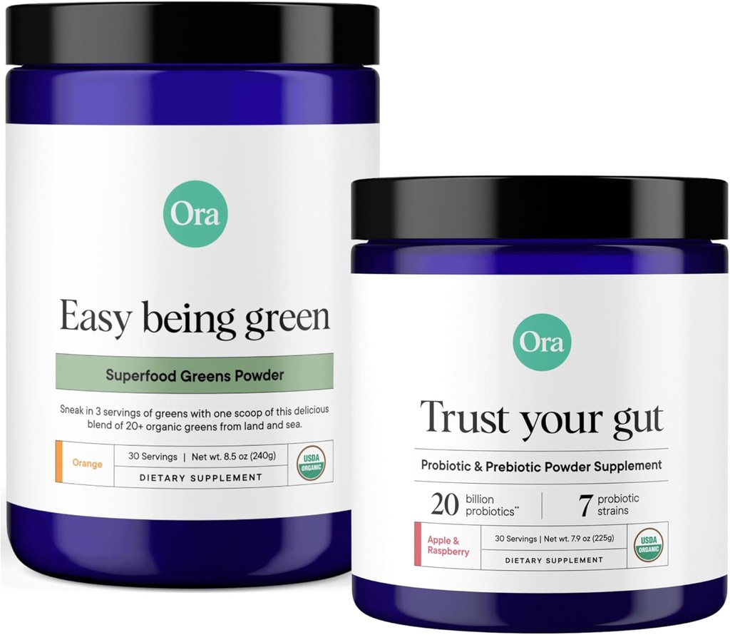 Ora Organic Prebiotyczne i probiotyczne proszku i zieleni w proszku Bundle: 20 Milion Probiotyk, Jabłko & Malina Flavor, 30 Służenia & 20 + Superfood Zielone Mieszanka - Citrus Flavor, 30 Sługi