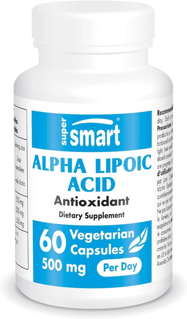 Supersmart - Kwas lipidowy alfa 500 mg na dobę - Uniwersalny przeciwutleniacz o dużej mocy - ALA Supplement Amendant 124; Non-GMO & Gluten Free - 60 Kapsułki wegetariańskie