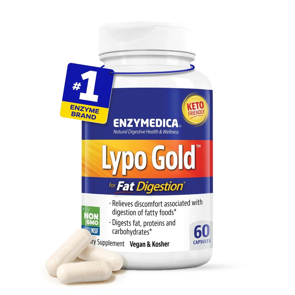 Enzymedica Lypo Gold, Wysoka potencja Lipase Gragestive Enzymy do trawienia tłuszczu, wspiera okazjonalne Bloating Relief & Digestive Health, Keto- Friendly, Wegan, 60 Kapsułki