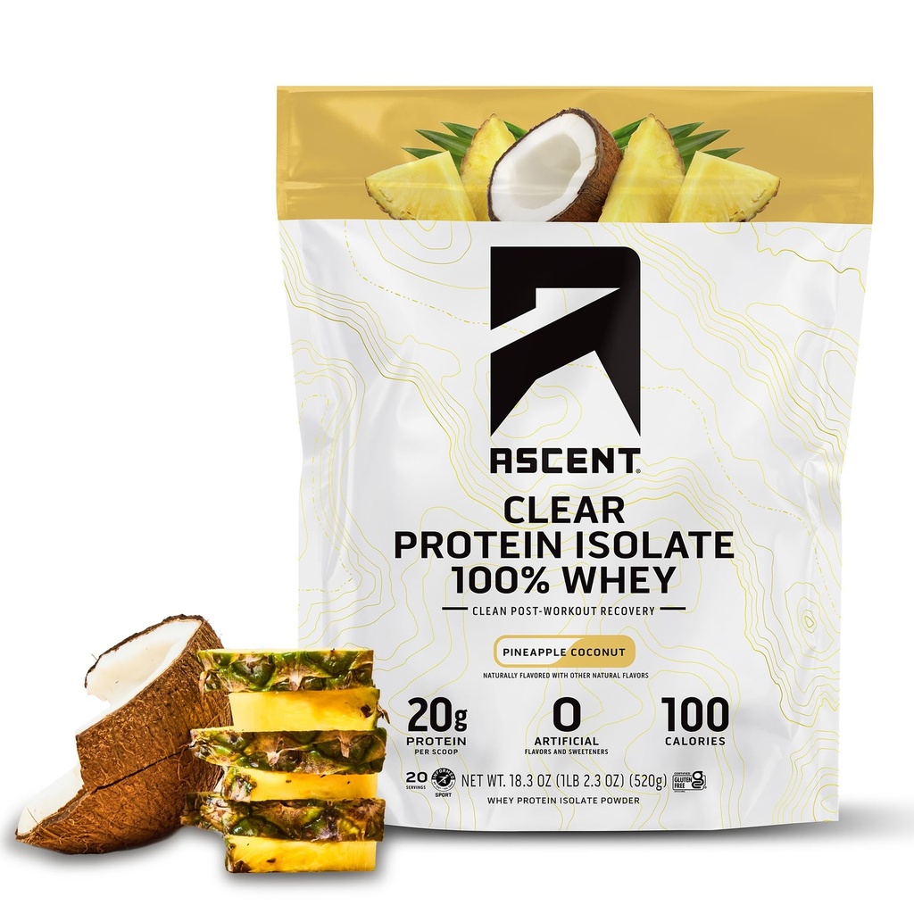 Aspect 100% Przezroczysty proszek z białka serwatki - Post Workout Isolate białka serwatki, Zero sztucznych aromatów i słodzików, Gluten Free, 5,5 g BCAA, 2,1g Leucyna, Essential Amino Acids, Ananas Coconut, 20 Serv