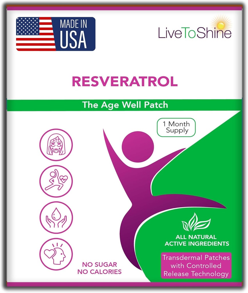 Live to Shine Resveratrol Patch - Przezskórne Toplical Plant oparte na przeciwutleniaczu Wsparcie dla Zdrowego starzenia i zdrowia - 30 Łaty dla kobiet i mężczyzn - USA Made