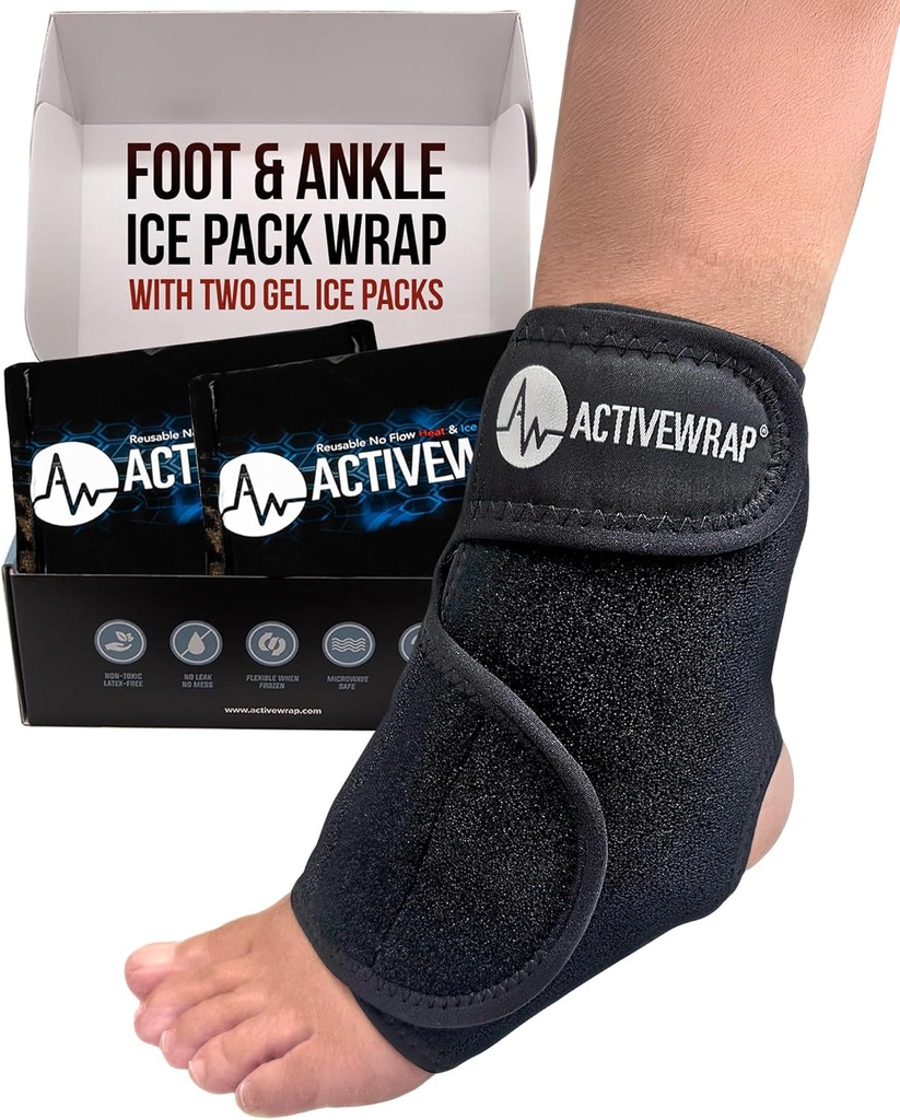 ActiveWrap Foot & Ankle Ice Pack Wrap for Heel, Arch, and Ankle Discomfort, Opuchlizna, Ból, i Odzyskiwanie urazów - wielokrotnego użytku Hot & Cold Wrap z regulowalnymi pasmami kompresji