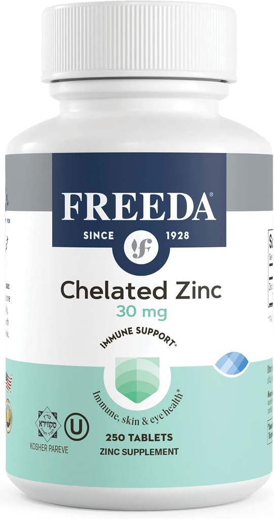 Freeda Chelated Cynk 30mg - TRAACS ® Cynk Bisglicynian do Wysokiej Wchłaniania - Wegan, Kosher, Delikatność na Stomach - Wsparcie immunologiczne dla dorosłych, Mężczyźni i Kobiety - 250 małych tabletek