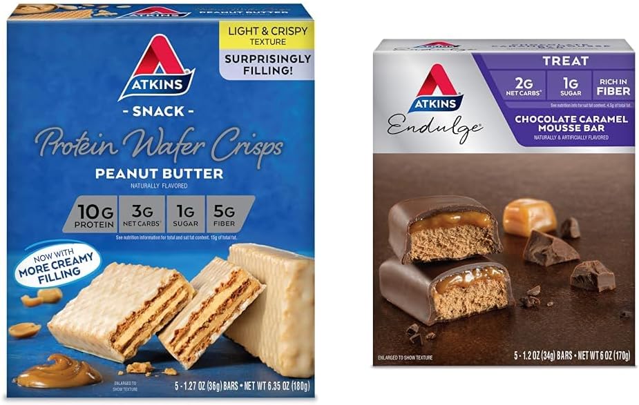 Atkins Masło orzechowe Białko Wafer Crisps 5 Licznik i Czekoladowy karmel Musy Bary 5 Licz Bundle