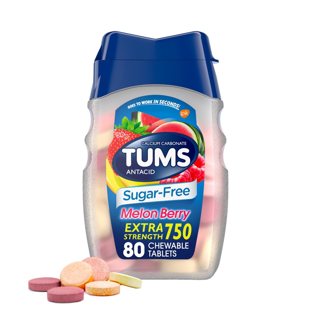 TUMS Extra Siła do żucia Sugar Free Antacid Tablets for Heartburn Relief, Melon Berry - 80 Count