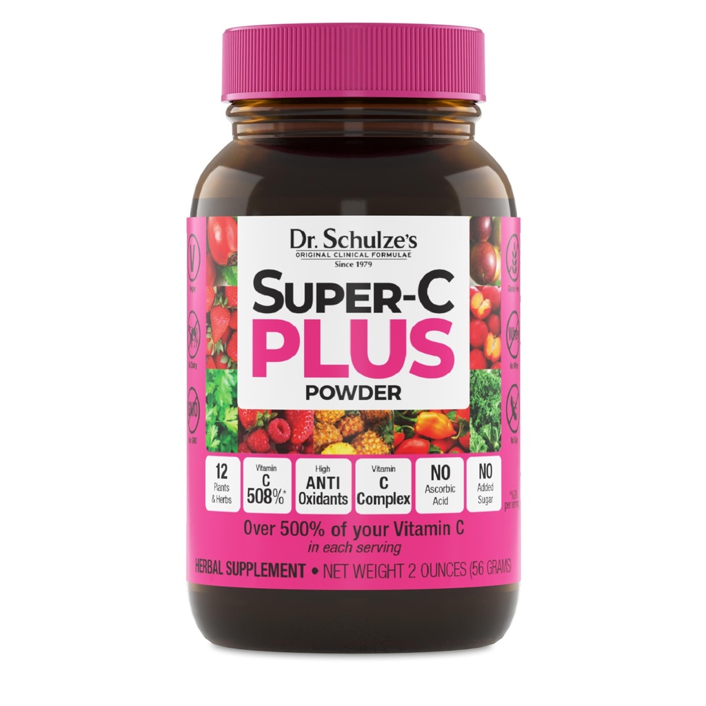Dr Schulze 's Super- C Plus - Suplement witaminy C do wsparcia immunologicznego - Zdrowie skóry i przeciwutleniacz wsparcia - Formuła wysokiej mocy - Superfood na plancie - Gluten- Free & Vegan - 2 oz (20 Servings)