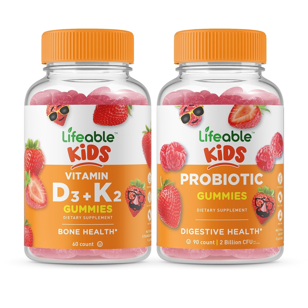 Żywa witamina D3 + witamina K2 Dzieci + Probiotyk 2 Miliard CFU Dzieci, Gummies Bundle - Wielki Degustacja, Suplement witaminy, Gluten Free, GMO Free, Gummy do żucia