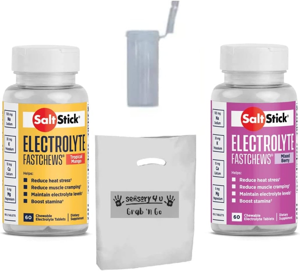 SENSORY4U Zestaw Prezentów Grab & Go - SaltStick FASTCHEWS Variety 2- Pack - 60 Butelki z Tropical Mango & Mieszane Berry z Race Ready Tube