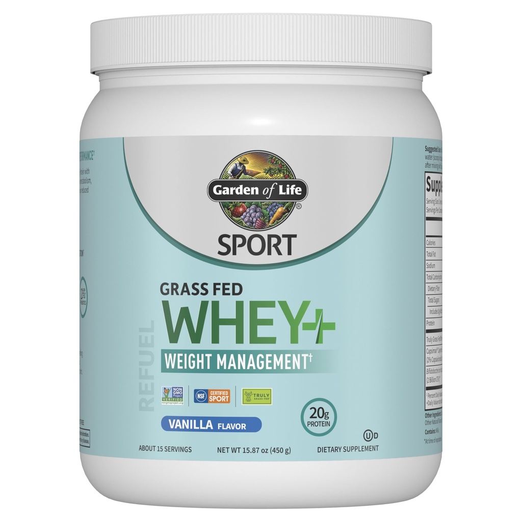 Ogród życia Sport Serwatka Plus Weight Management z Amino Energy - 20 g białka z trawy dla kobiet i mężczyzn - Vanilla Powder - z Capsimax, 2 Miliard CFU Probiotyki, O 15 Służenie