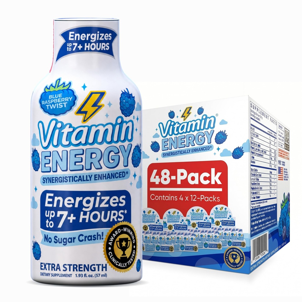 Witamina Energia Immune + Dodatkowa Siła Energia Shot Blue Malina 48 Pack, 260mg Naturalna kofeina, B- Witaminy, Citicoline, Zielona herbata, Immunitet & Focus Support, Zero cukru, Gluten- Free 1.93 fl oz