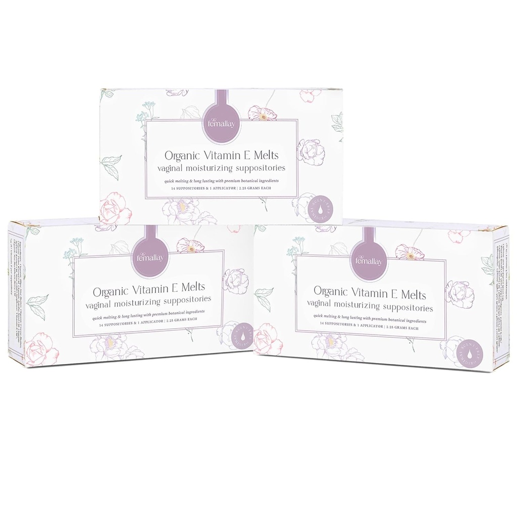 Femallay Organic Witamina E Roztopy waginalne - 3 Pack - Ulga dla suchy i podrażnienia menopauzy - 14 Count + Wnioskodawca